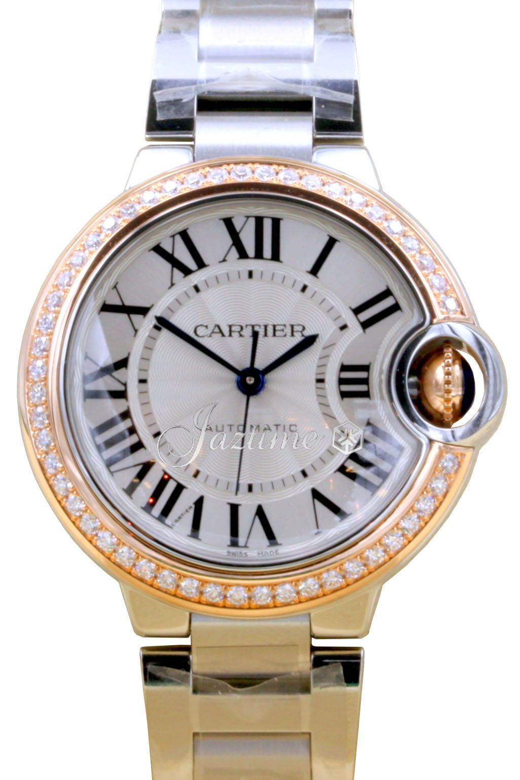 Cartier Ballon Bleu WE902080 Ladies Midsize Silver Diamond 18k Rose Gold Stainless Steel BRAND NEW