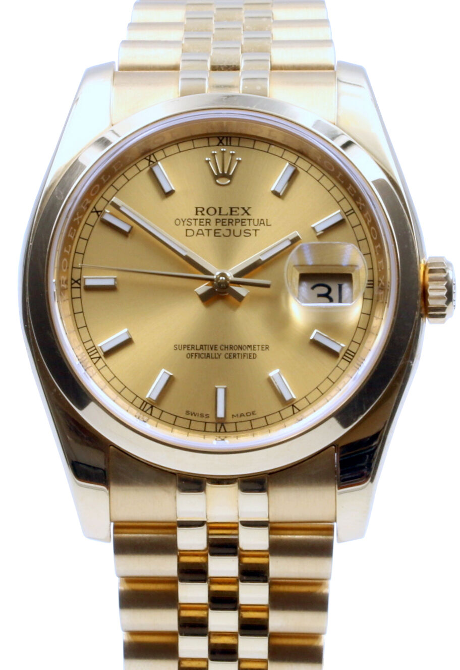 Rolex Datejust 116208 Men's 36mm Champagne Index Domed 18k Yellow Gold  Jubliee - BRAND NEW