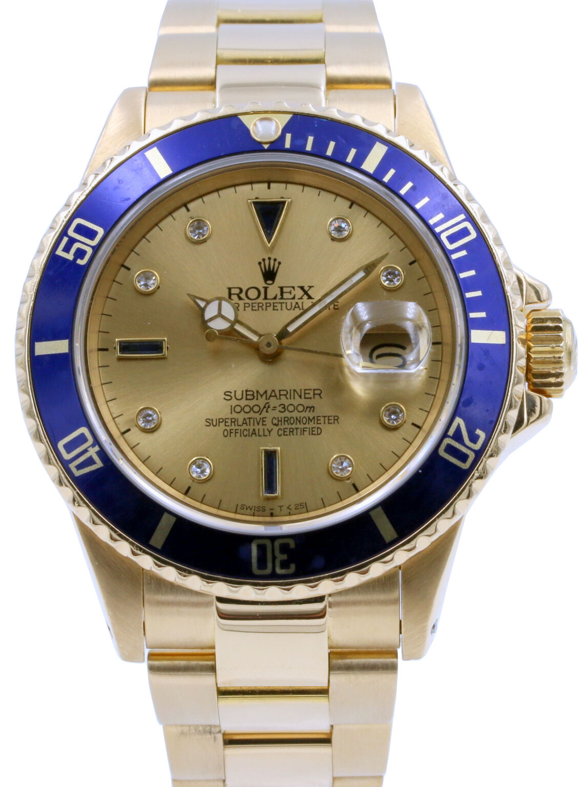 Rolex Submariner 16808 Men's 40mm Serti Champagne Blue Diamond 18k Yellow  Gold Oyster - PRE-OWNED