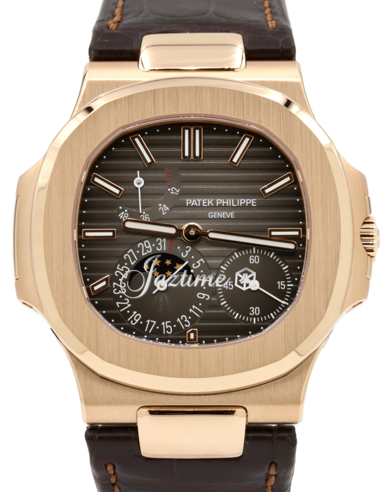 Patek Philippe Nautilus Date Moon Phases Rose Gold Black Brown Dial 5712R 001 PRE OWNED