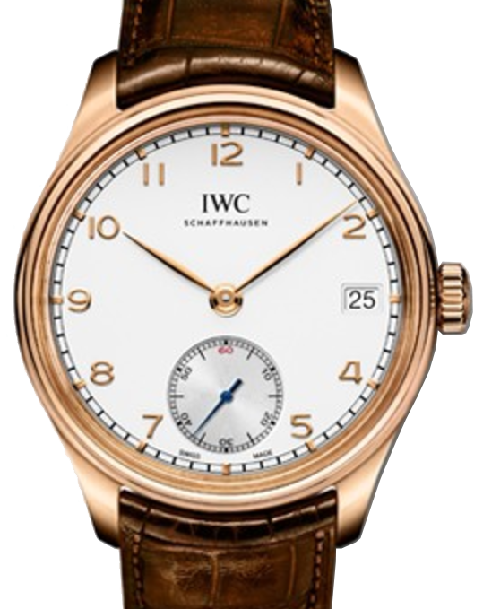 IWC Schaffhausen IW510204 Portugieser Hand Wound Eight Days Silver Plated Arabic Red Gold Brown Leather 43mm Manual