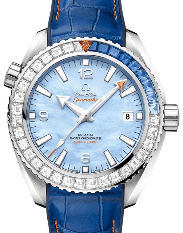 Omega Seamaster Planet Ocean 600M 43.5mm White Gold Diamond Sapphire Bezel Blued Mother of Pearl Dial 215.58.44.21.07.001