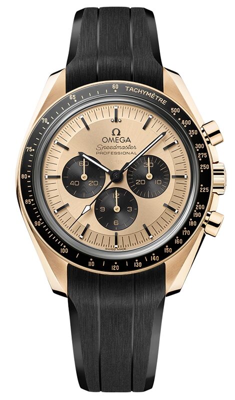 Omega Speedmaster Moonwatch Professional Chronograph 42mm Moonshine Gold Yellow Dial Rubber Strap 310.62.42.50.99.001