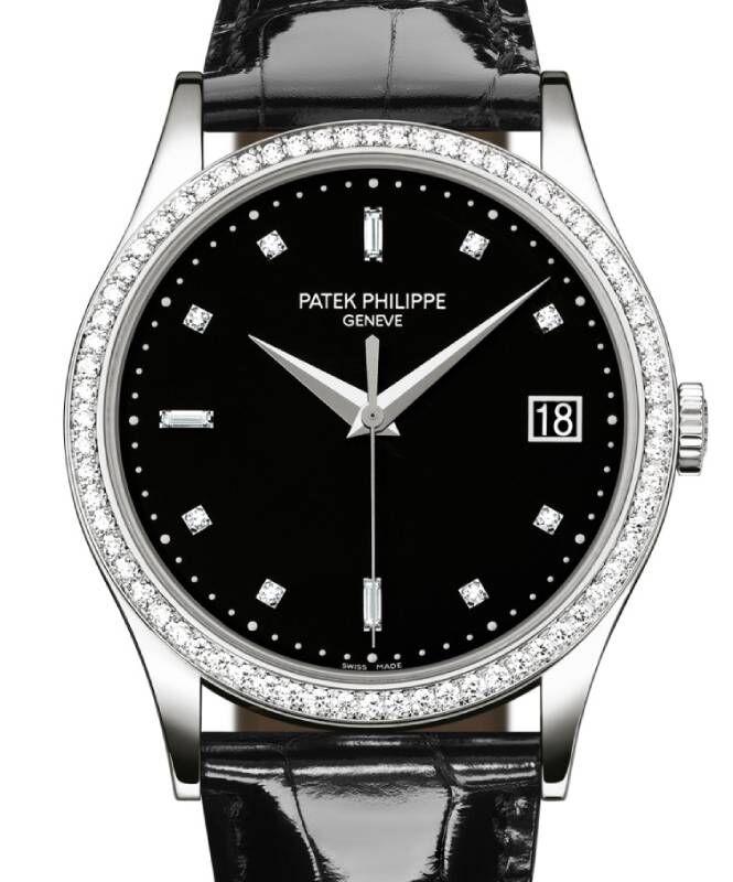 Patek Philippe Calatrava Sweep Seconds White Gold 38mm Black Diamond Dial Leather 5297G 001 BRAND NEW