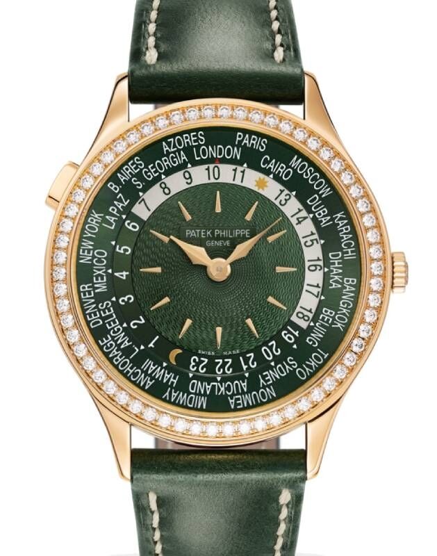 Patek Philippe Complications World Time Rose Gold Olive Green Dial 36mm Diamond Bezel 7130R 014 BRAND NEW