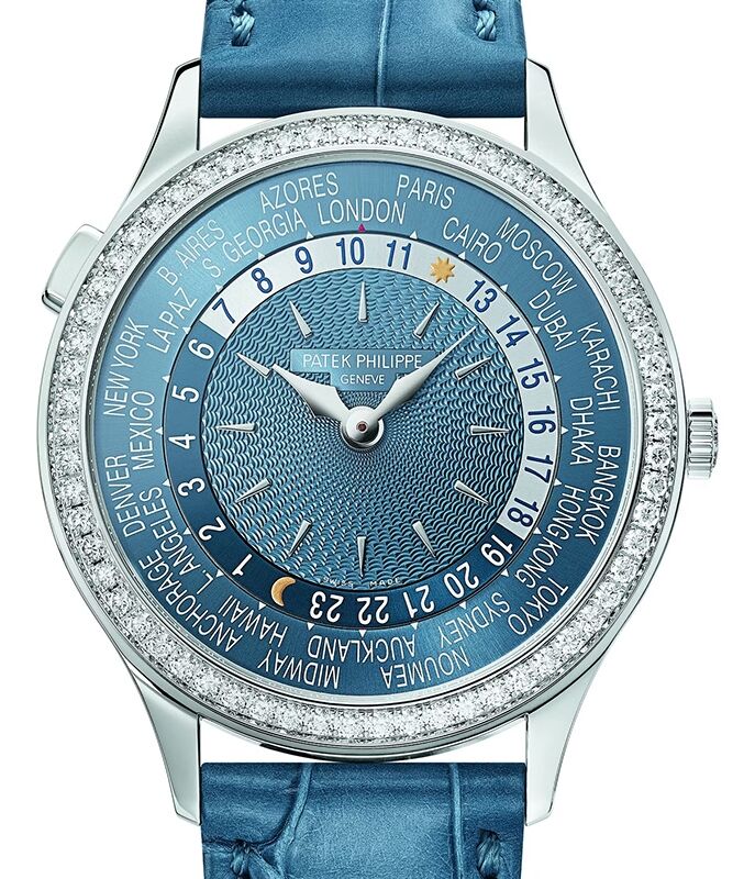 Patek Philippe Complications World Time White Gold Blue Dial Diamond Bezel 7130G 016 BRAND NEW