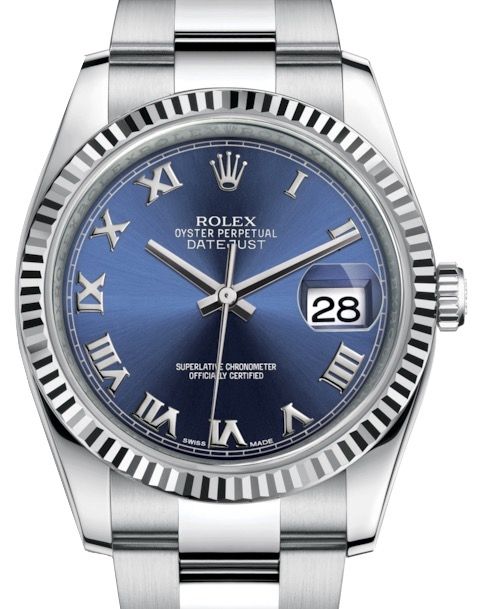 Rolex Datejust 36 White Gold Steel Blue Roman Dial Fluted Bezel Oyster Bracelet 116234
