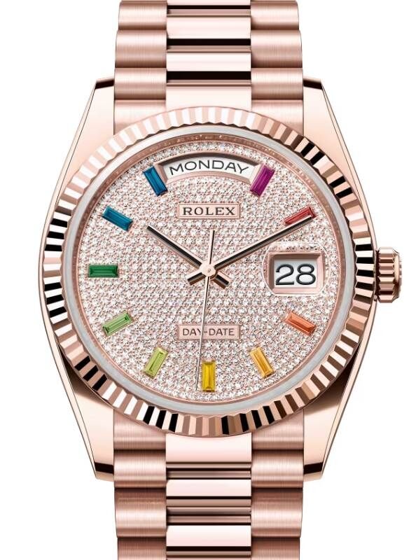 Rolex Day Date 36 President Rose Gold Diamond Paved Rainbow Colored Sapphires Dial Fluted Bezel 128235