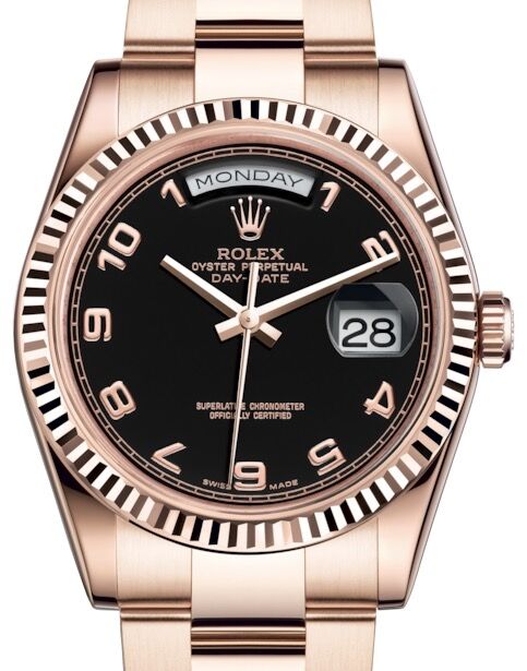 Rolex Day Date 36 Rose Gold Black Arabic Dial Fluted Bezel Oyster Bracelet 118235