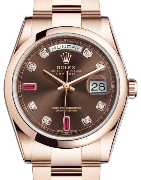 Rolex Day Date 36 Rose Gold Chocolate Diamond Rubies Dial Smooth Domed Bezel Oyster Bracelet 118205 BRAND NEW