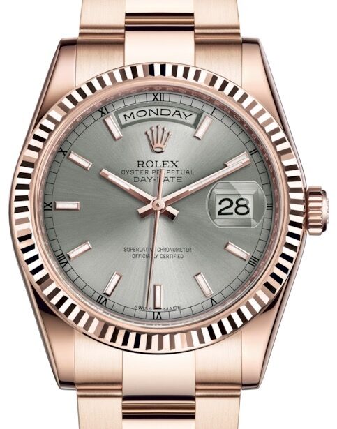 Rolex Day Date 36 Rose Gold Rhodium Index Dial Fluted Bezel Oyster Bracelet 118235