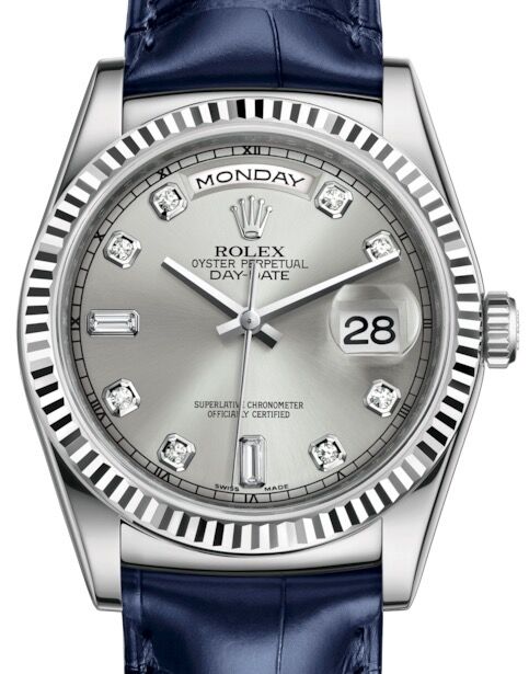 Rolex Day Date 36 White Gold Silver Diamond Dial Fluted Bezel Blue Leather Strap 118139 BRAND NEW