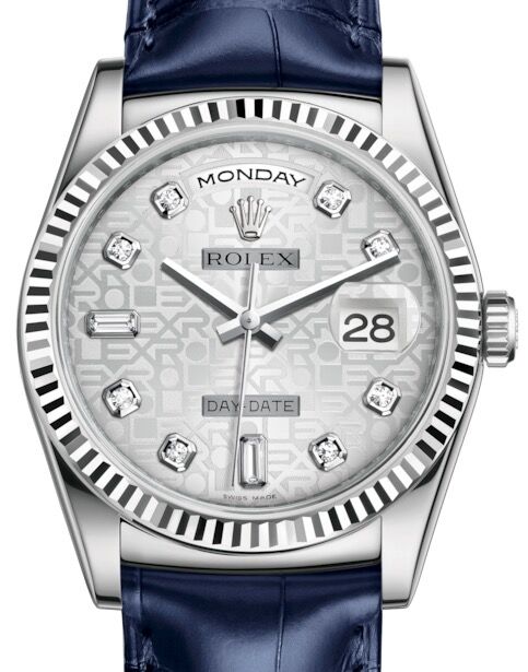 Rolex Day Date 36 White Gold Silver Jubilee Diamond Dial Fluted Bezel Blue Leather Strap 118139 BRAND NEW
