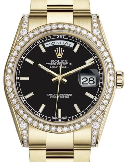MM18 ブラック Rolex Day-Date 36 Yellow Gold Black Index Dial & Diamond Set