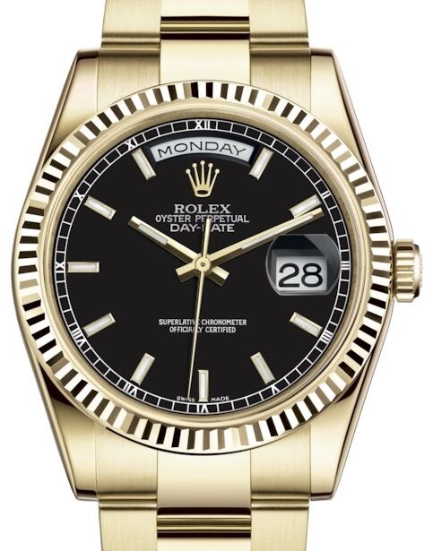 【送料無料/即納】  Day-Date Rolex 36 Fluted & Dial Index Black Gold Yellow 靴