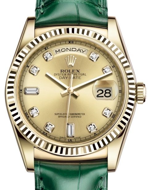 Rolex Day Date 36 Yellow Gold Champagne Diamond Dial Fluted Bezel Green Leather Strap 118138 BRAND NEW