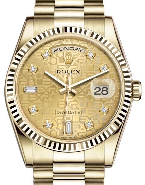 Rolex Day Date 36 Yellow Gold Champagne Jubilee Diamond Dial Fluted Bezel President Bracelet 118238