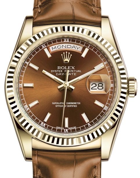Rolex Day Date 36 Yellow Gold Cognac Index Dial Fluted Bezel Cognac Leather Strap 118138 BRAND NEW