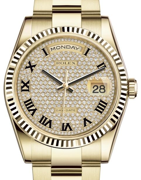 SOLDA　FLUOR 100% Rolex Day-Date 36 Yellow Gold Diamond Paved Roman Dial