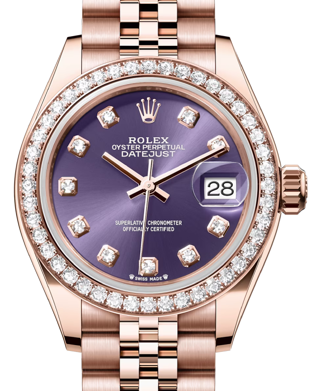 Rolex Lady Datejust 28 Rose Gold Aubergine Diamond Dial Diamond Bezel Jubilee Bracelet 279135RBR BRAND NEW
