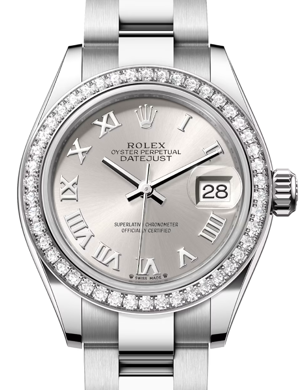 Rolex Lady Datejust 28 White Gold Steel Silver Roman Dial Diamond Bezel Oyster Bracelet 279384RBR BRAND NEW