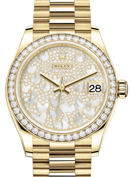 Rolex Lady Datejust 31 Yellow Gold Mother of Pearl Butterfly Diamond Paved Dial Diamond Bezel President Bracelet 278288RBR BRAND NEW