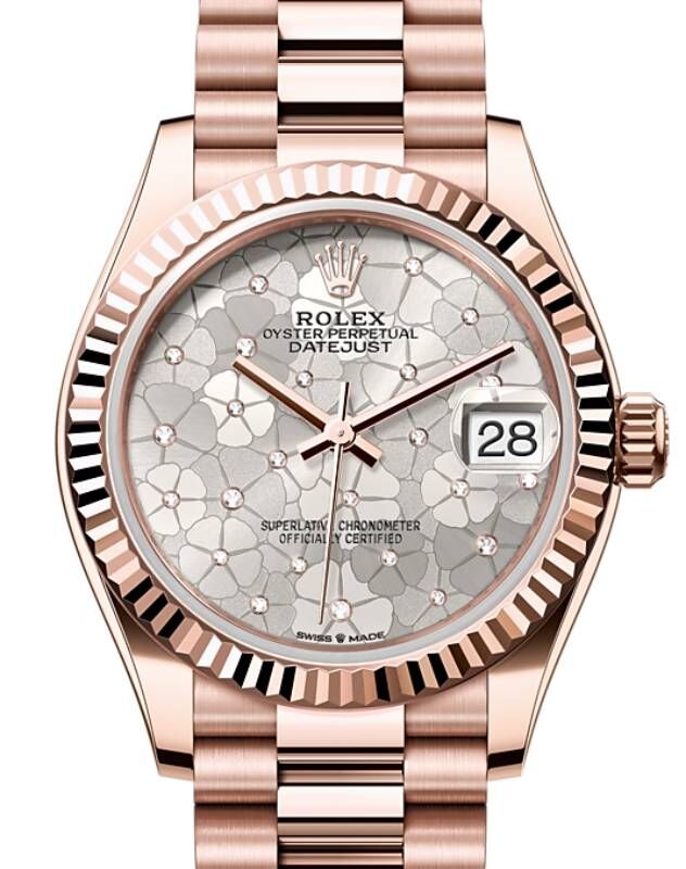 Rolex Datejust 31 Rose Gold Silver Floral Motif Dial Fluted Bezel President Bracelet 278275 BRAND NEW
