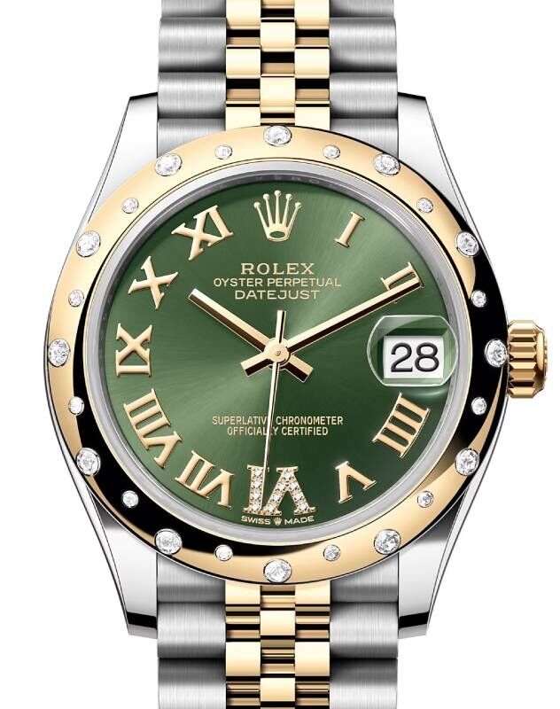 Rolex Datejust 31 Yellow Gold Steel Olive Green Roman Dial Domed Set Diamond Bezel Jubilee Bracelet 278343RBR BRAND NEW