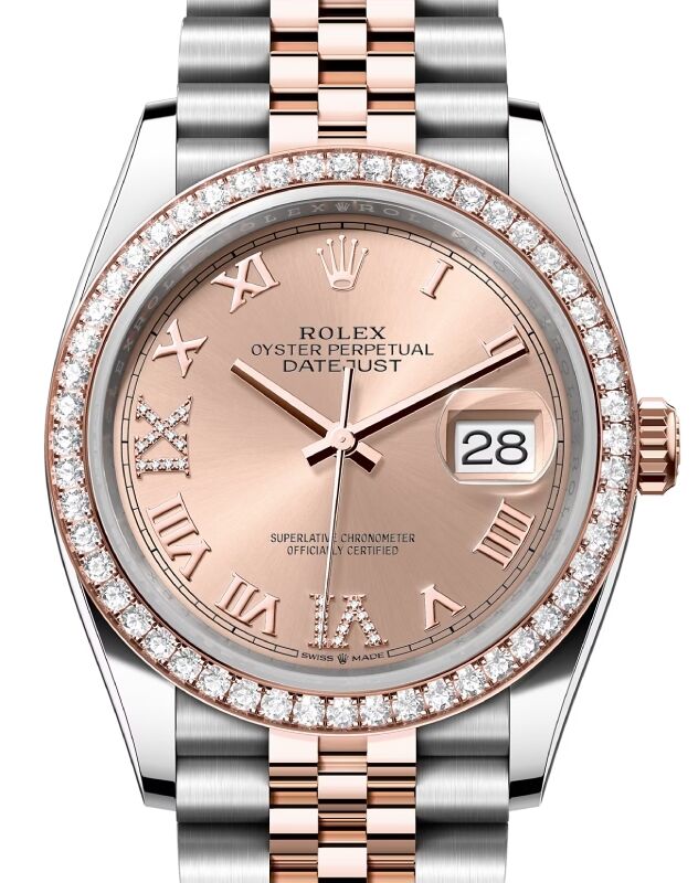 Rolex Datejust 36 Rose Gold Steel Rose Roman Diamond VIIX Dial Diamond Bezel Jubilee Bracelet 126281RBR BRAND NEW