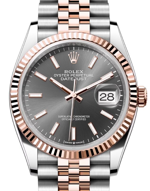 Rolex Datejust 36 Rose Gold Steel Dark Rhodium Index Dial Fluted Bezel Jubilee Bracelet 126231 BRAND NEW