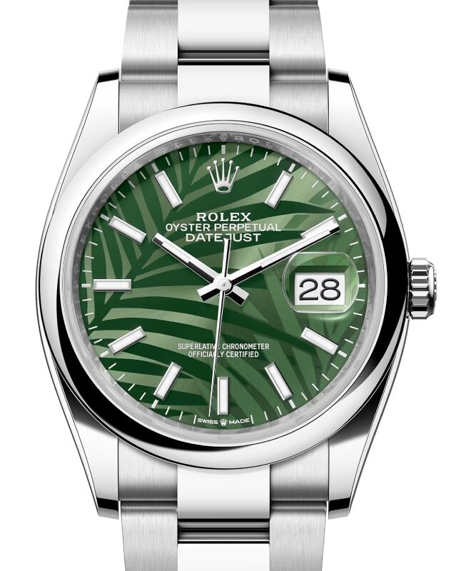 Rolex Datejust 36 Stainless Steel Olive Green Palm Motif Index Dial Domed Bezel Oyster Bracelet 126200 BRAND NEW