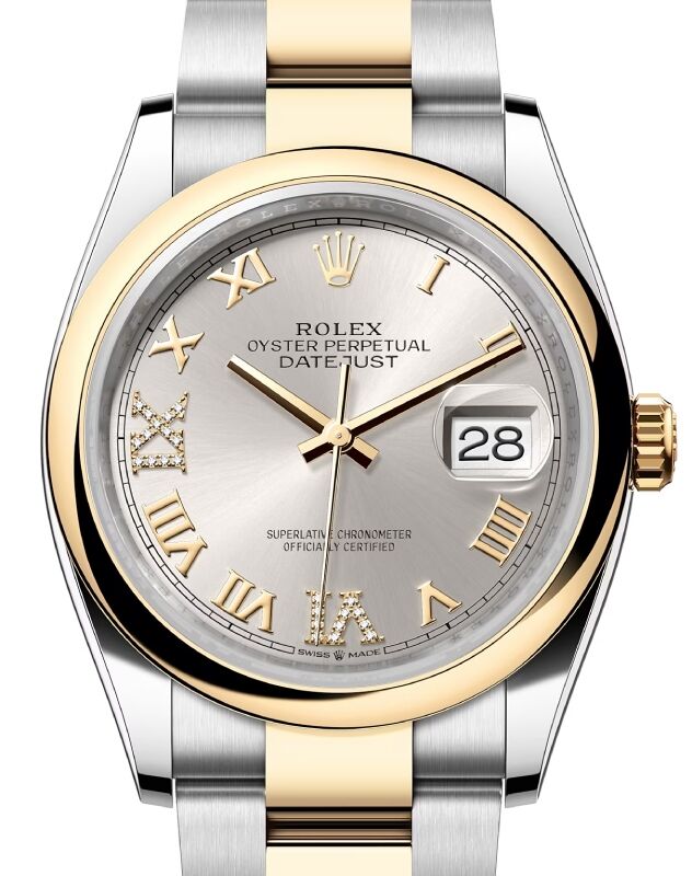 Rolex Datejust 36 Yellow Gold/Steel Silver Roman Diamond