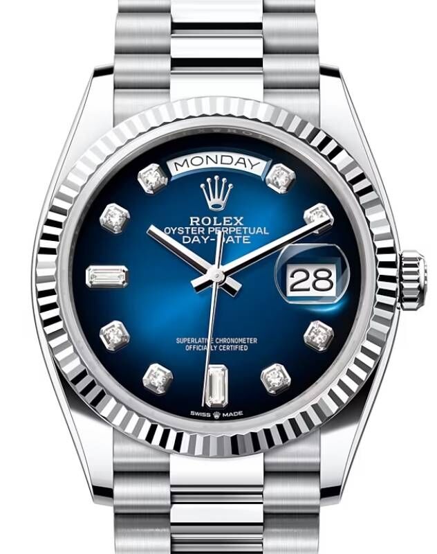 Rolex Day Date 36 President Platinum Blue Ombre Diamond Dial Fluted Bezel 128236 BRAND NEW