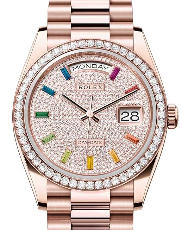 Rolex Day Date 36 President Rose Gold Rainbow Colored Sapphires Dial Diamond Bezel 128345RBR