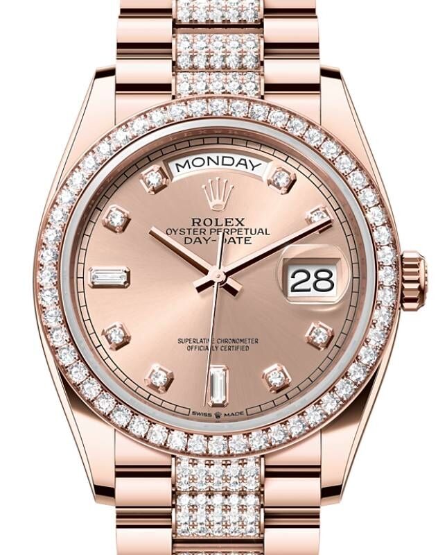 Rolex Day Date 36 President Rose Gold Rose Dial Diamond Bezel Bracelet 128345RBR