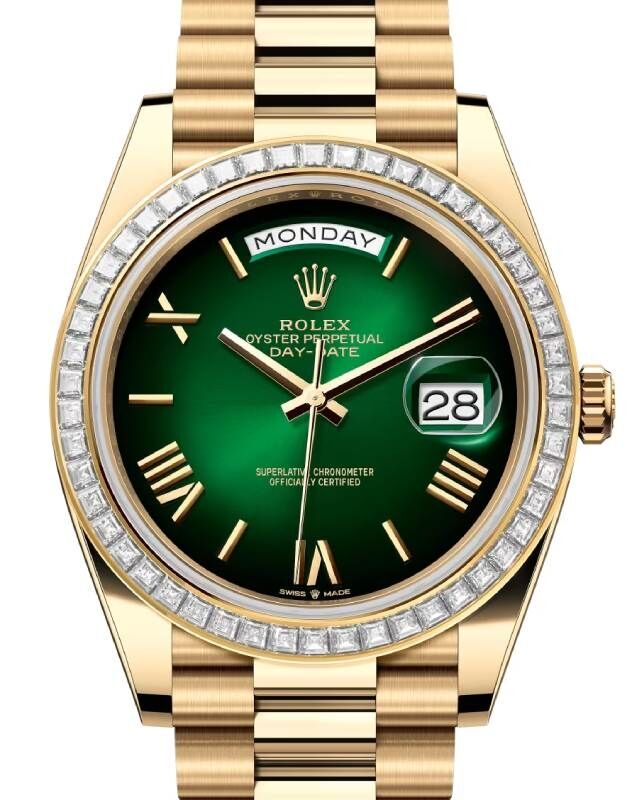 Rolex Day Date 40 President Yellow Gold Green Ombre Roman Dial Diamond Bezel 228398TBR