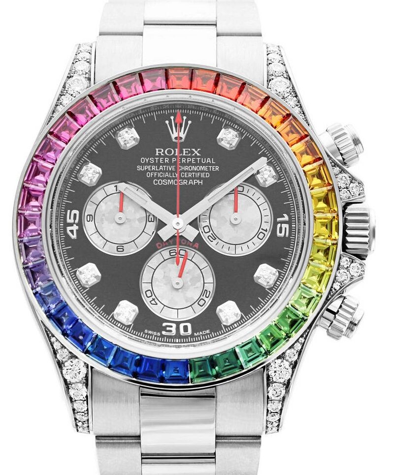 Rolex Daytona Black Diamond Multi Colored Gem Sapphire Rainbow White Gold 116599RBOW