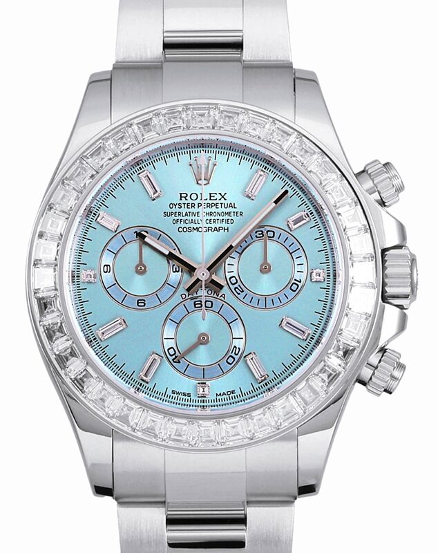 Rolex Daytona Platinum Ice Blue Baguette Diamond Dial Bezel 116576TBR
