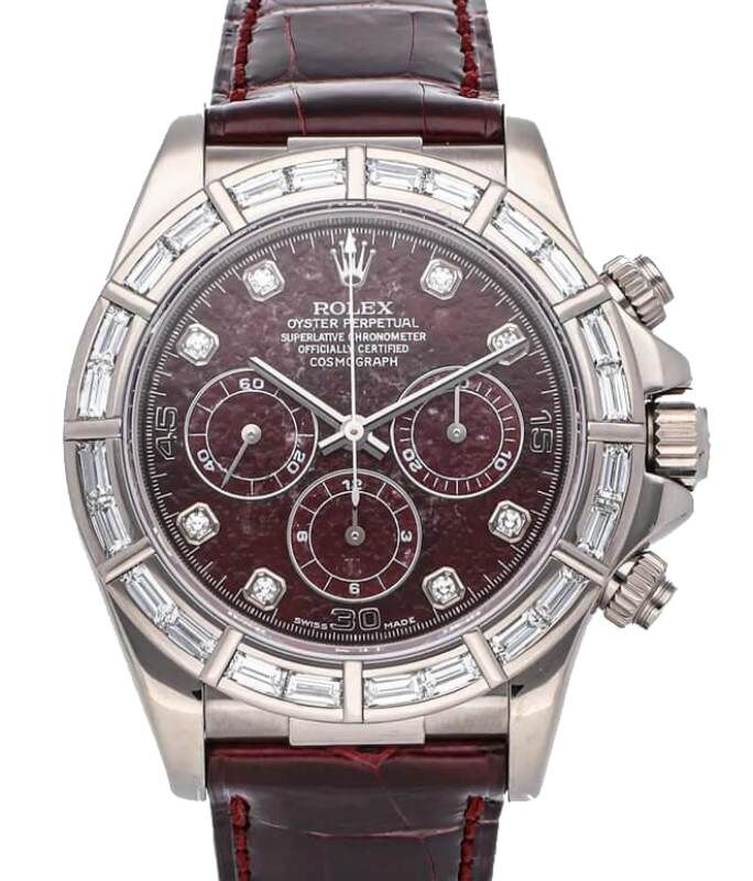 Rolex Daytona White Gold Red Sodalite Diamond Dial Bezel Leather Strap 16589BR