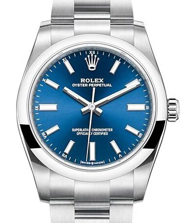 Rolex Oyster Perpetual 34 Stainless Steel Blue Index Dial Smooth Bezel Oyster Bracelet 124200 BRAND NEW