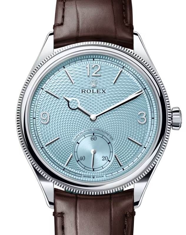 Rolex Perpetual 1908 Platinum Ice Blue Dial Domed Fluted Bezel Brown Leather Strap 52506