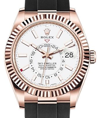 Rolex Sky Dweller Rose Gold White Index Dial Fluted Bezel Rubber Strap 326235 BRAND NEW