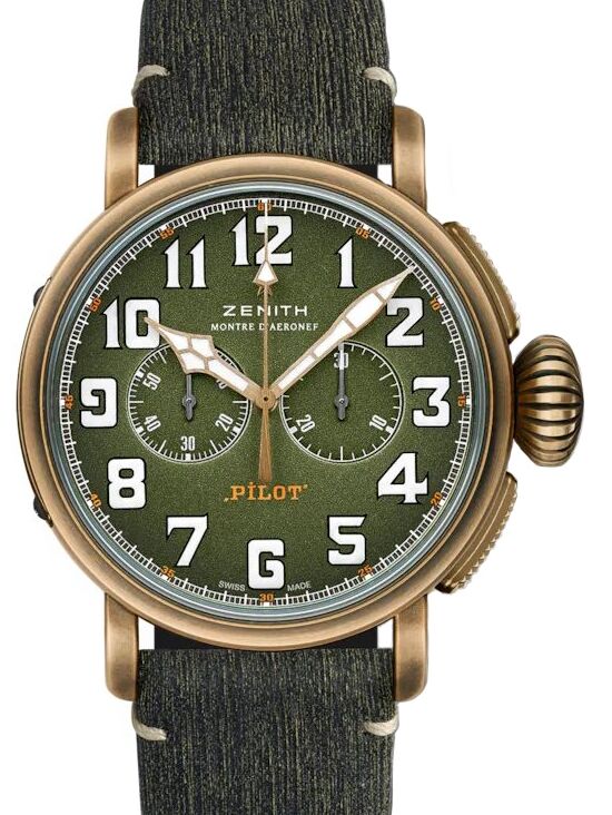 Zenith Pilot Type 20 Chronograph Adventure Bronze Green Arabic Dial Leather Strap 29.2430.4069 63.I001 BRAND NEW