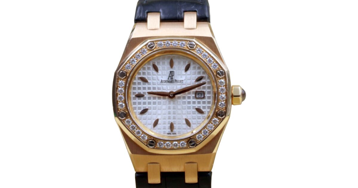 Royal Oak Lady Quartz 18k Rose Gold Silver Diamond White Rubber
