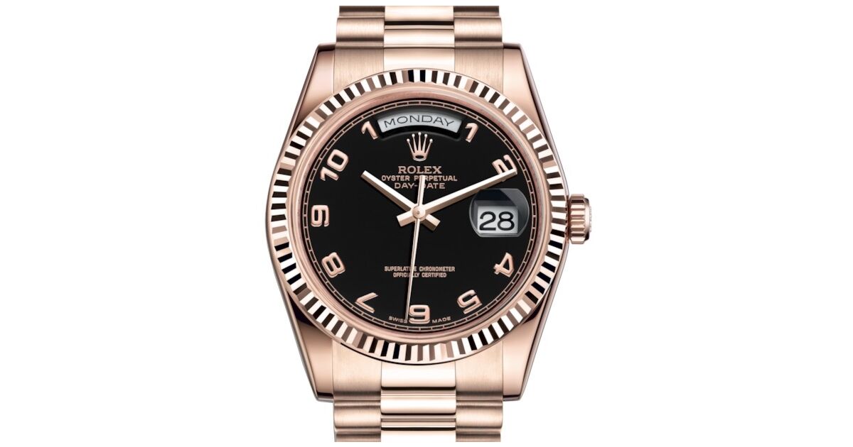Rolex Day-Date 36 Rose Gold Black Arabic Dial & Fluted Bezel
