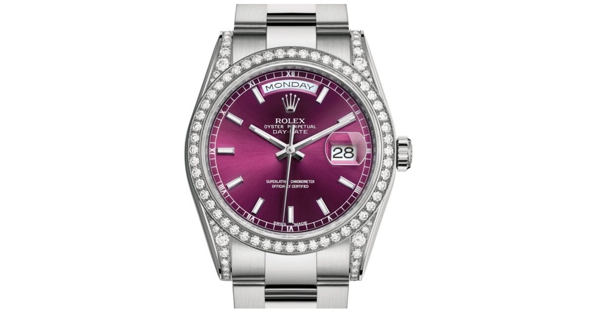Rolex Day-Date 36 White Gold Cherry Index Dial & Diamond Set Case