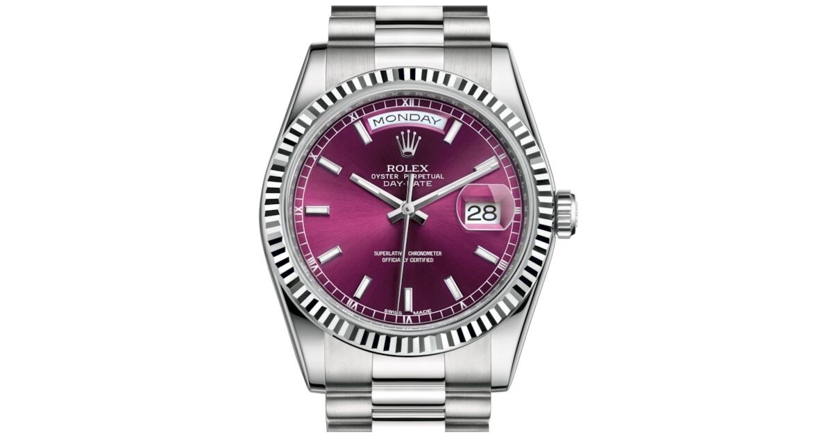 Rolex Day-Date 36 White Gold Cherry Index Dial & Fluted Bezel