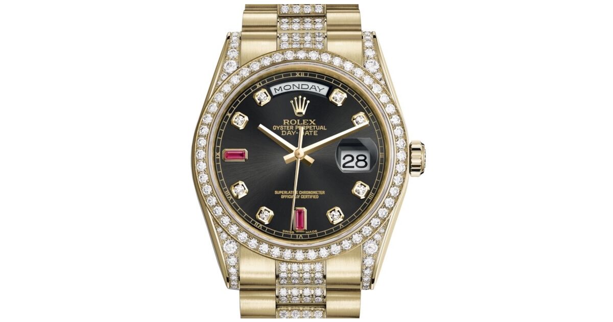 Rolex Day-Date 36 Yellow Gold Black Diamond & Rubies Dial