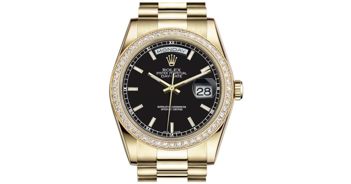 Rolex Day-Date 36 Yellow Gold Black Index Dial & Diamond Bezel