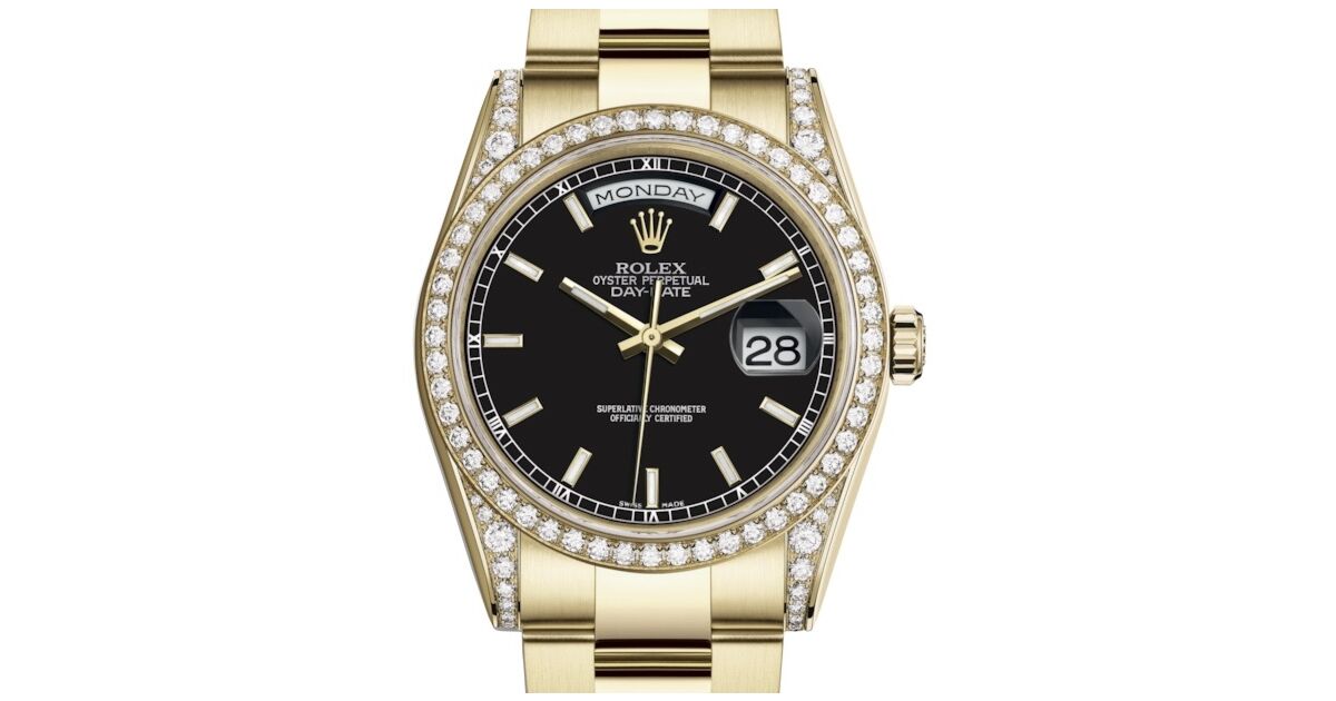 Rolex Day-Date 36 Yellow Gold Black Index Dial & Diamond Set Case